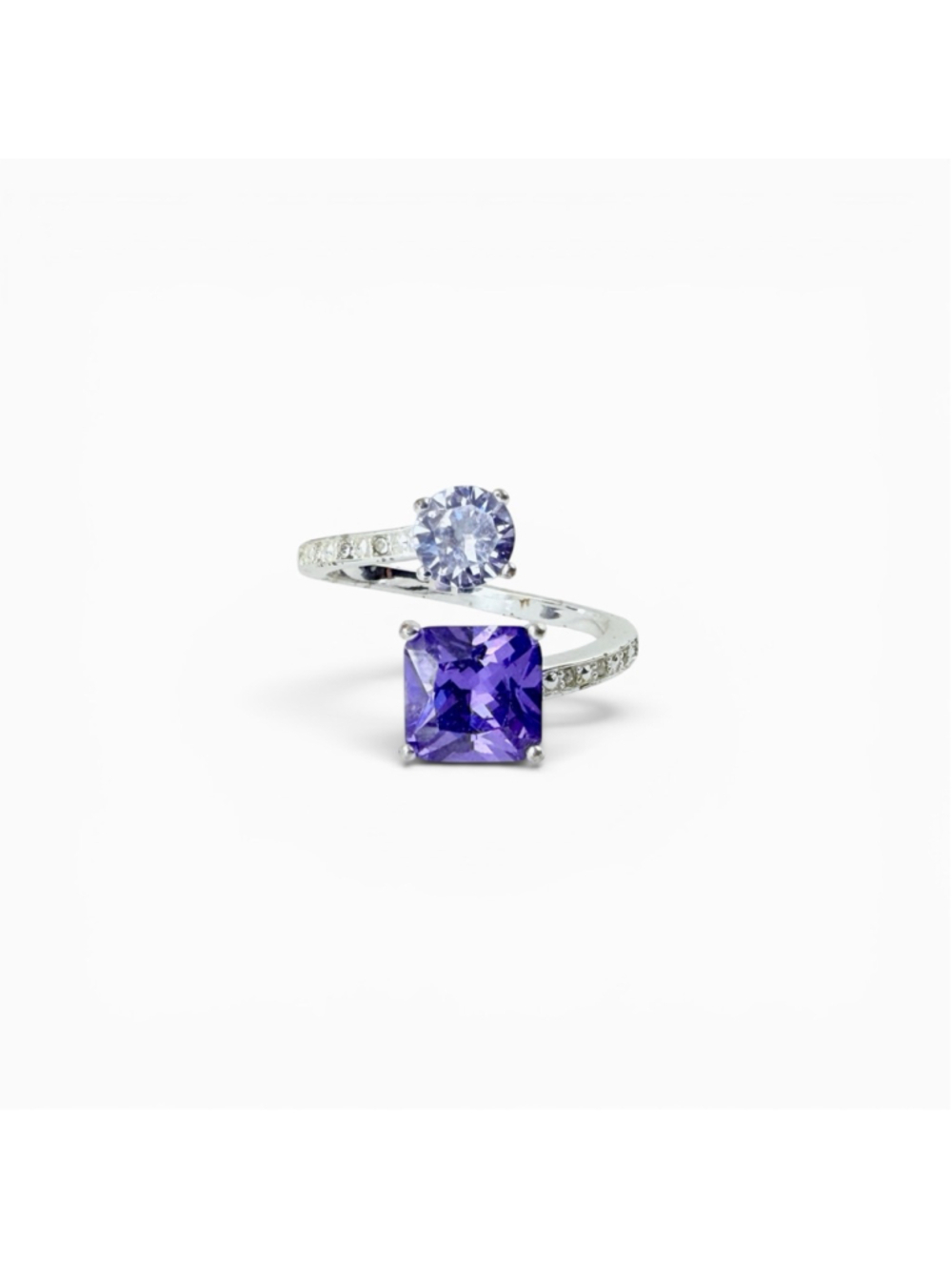 Silver tone Purple Statement Ring, Simulated Amethyst CZ Bypass Ring, Open Wrap